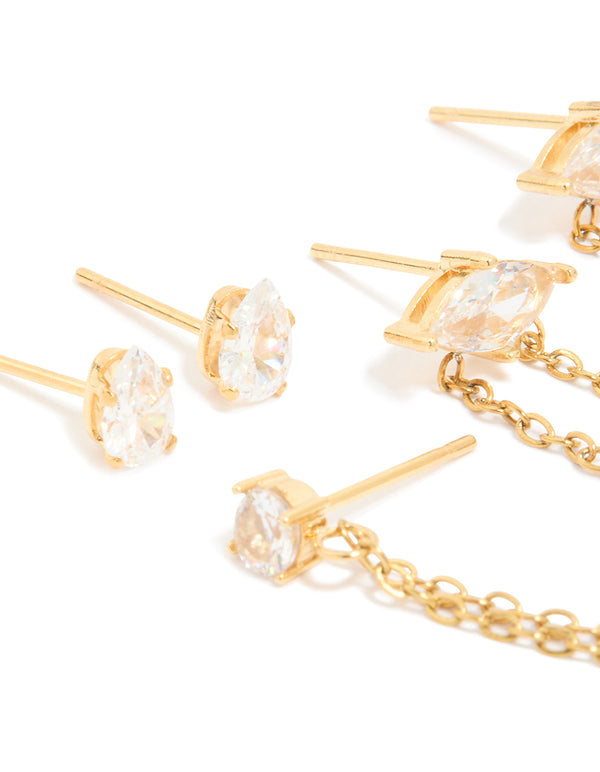 Waterproof Gold Plated Stainless Steel Cubic Zirconia Marquise Clicker & Studs 3-Pack