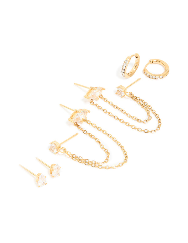 Waterproof Gold Plated Stainless Steel Cubic Zirconia Marquise Clicker & Studs 3-Pack