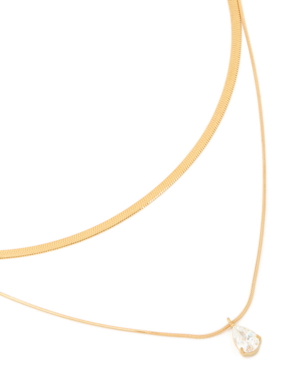 Waterproof Gold Plated Stainless Steel Cubic Zirconia & Snake Chain Layered Necklace