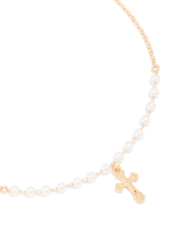 Gold Pearl Cross Pendant Necklace