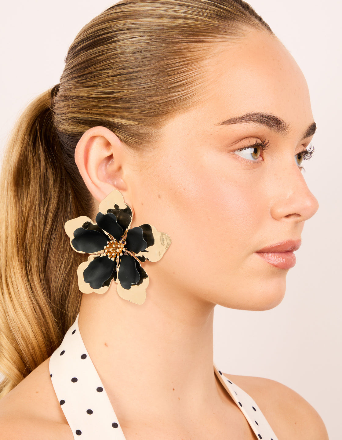 Gold Black Coated Metal Large Flower Stud Earrings