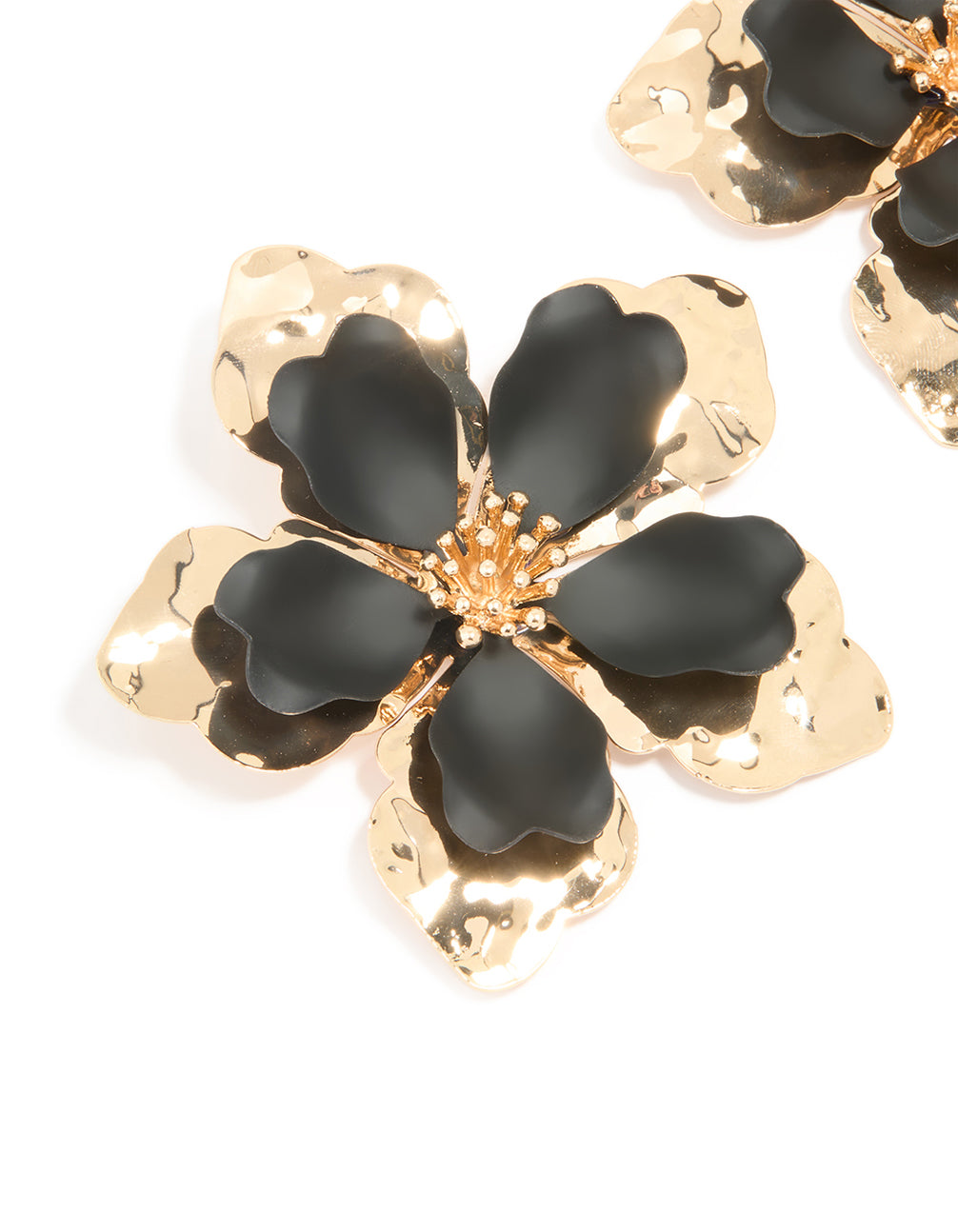 Gold Black Coated Metal Large Flower Stud Earrings