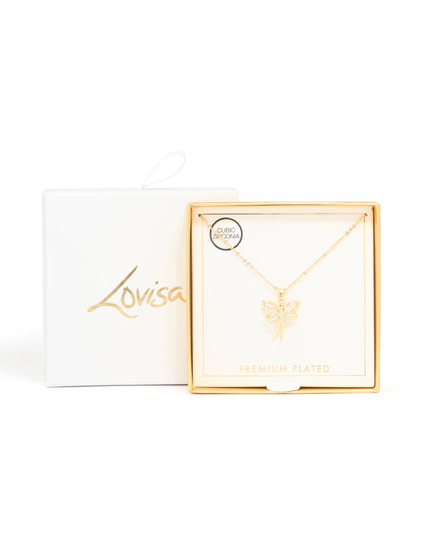 Gold Plated Cubic Zirconia Spinning Dragonfly Necklace