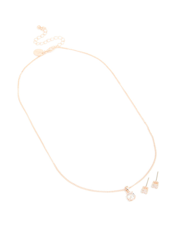 Rose Gold Diamante Solitaire Necklace & Earrings Set