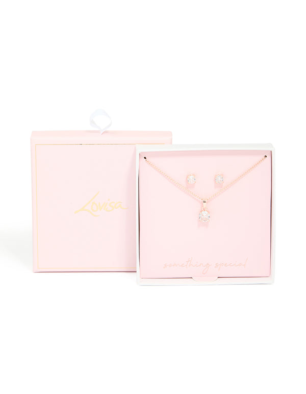 Rose Gold Diamante Solitaire Necklace & Earrings Set