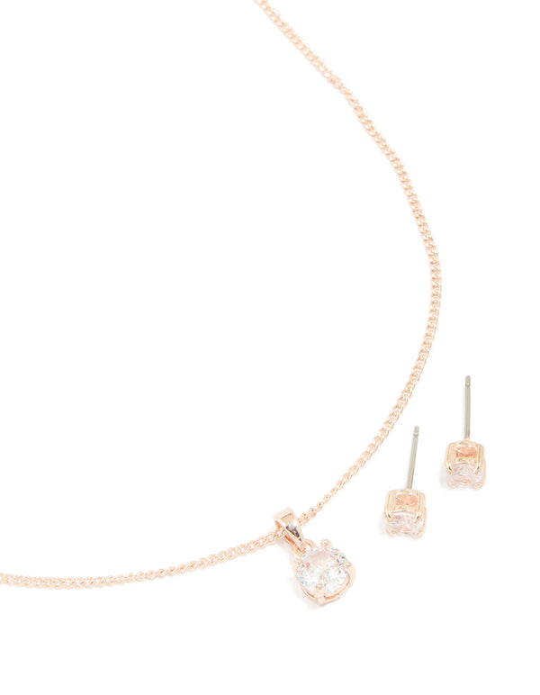 Rose Gold Diamante Solitaire Necklace & Earrings Set