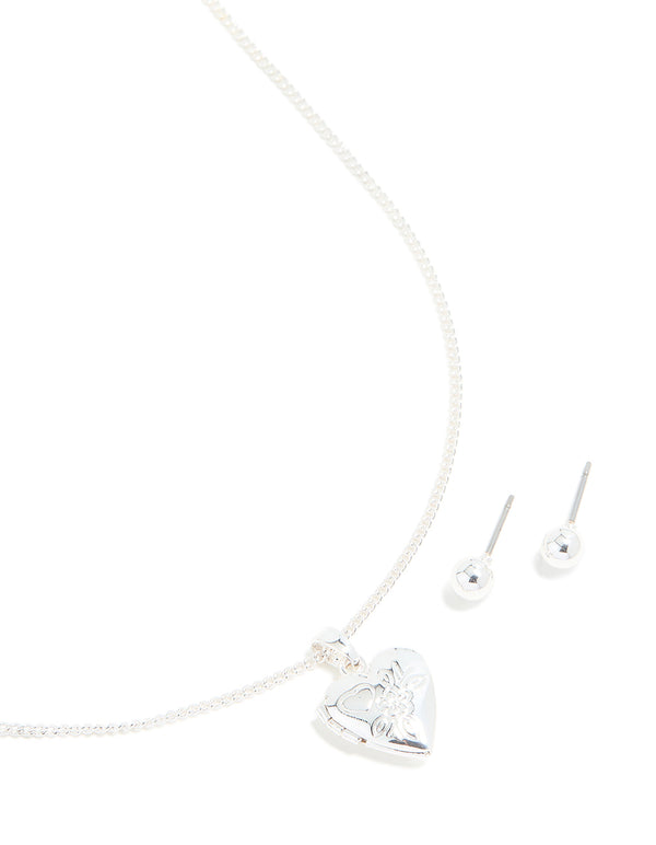Silver Locket Necklace & Stud Earrings Set