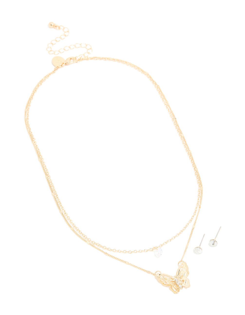 Gold Butterfly Layered Necklace & Stud Earrings Set