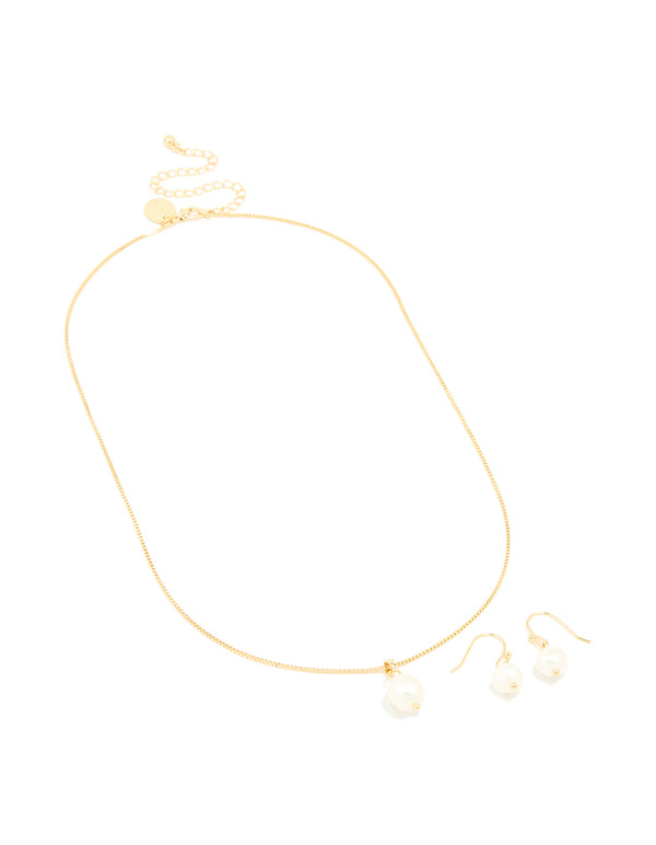 Gold Plated Freshwater Pearl Necklace & Drop Earrings Set