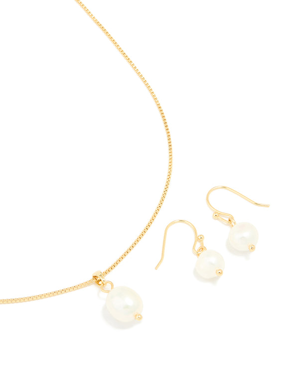 Gold Plated Freshwater Pearl Necklace & Drop Earrings Set