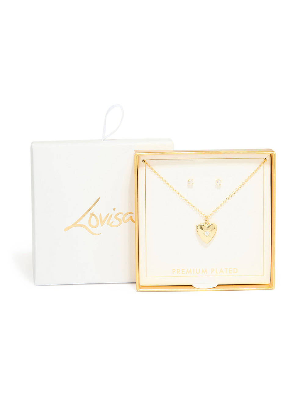 Gold Plated Cubic Zirconia Heart Locket Necklace & Earrings Set