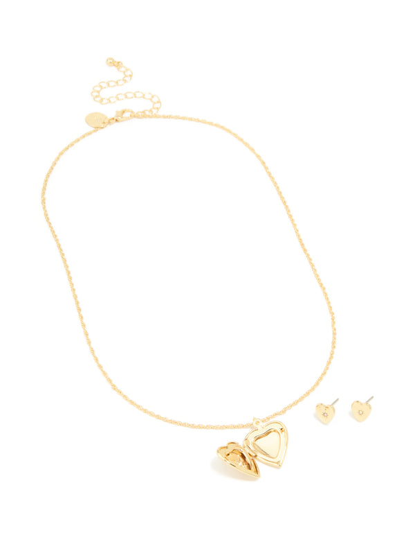 Gold Plated Cubic Zirconia Star Heart Locket Necklace & Earrings Set