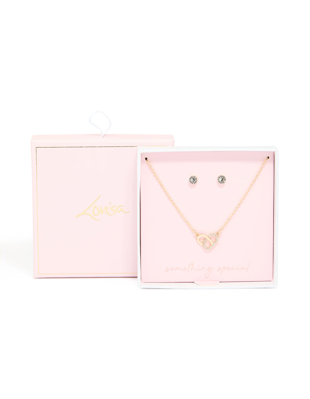 Gold Overlap Pendant Necklace & Classic Diamante Stud Earrings Set