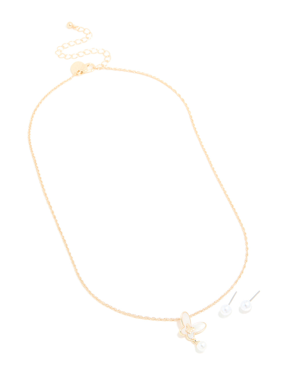 Gold Pearl Butterfly Pendant Necklace & Pearl Stud Earrings Set