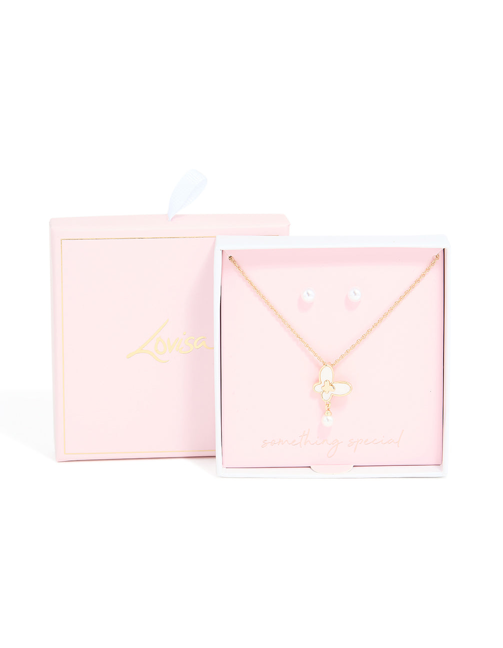 Gold Pearl Butterfly Pendant Necklace & Pearl Stud Earrings Set
