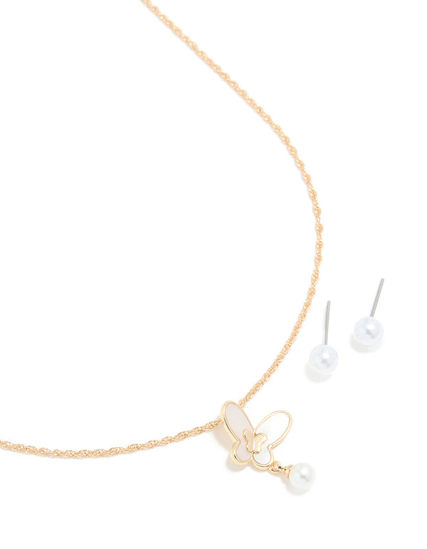 Gold Pearl Butterfly Pendant Necklace & Pearl Stud Earrings Set