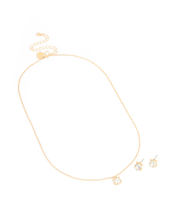 Gold Plated Diamante Cat Ears Necklace & Cat Ear Stud Earrings Set