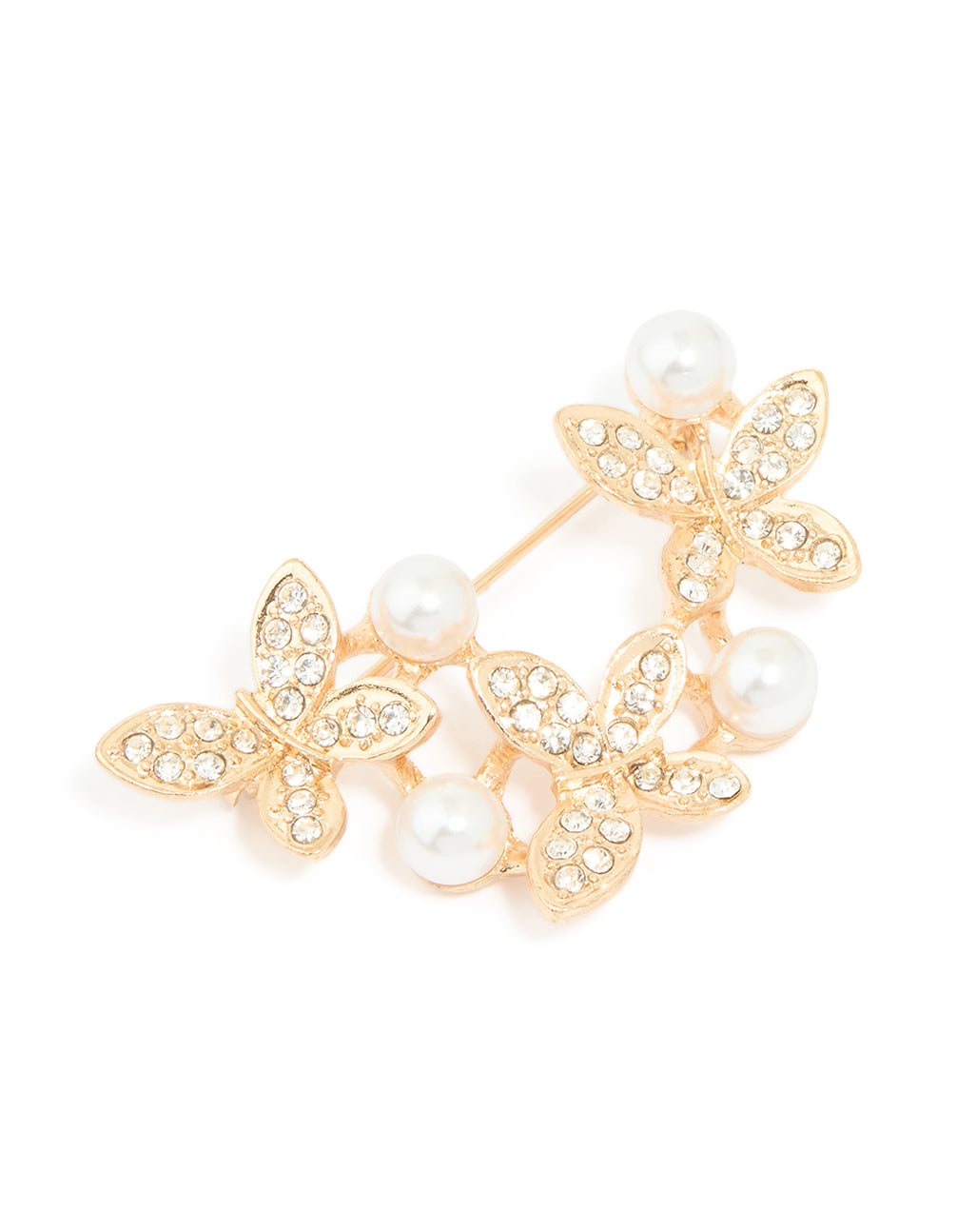 Gold Pearl Diamante Butterfly Trio Brooch