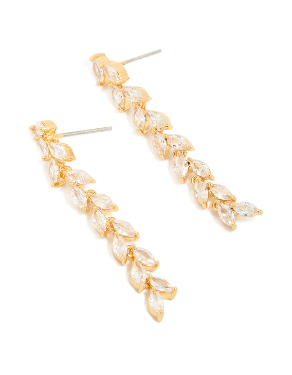 Gold Plated Cubic Zirconia Leaf Detail Drop Earrings