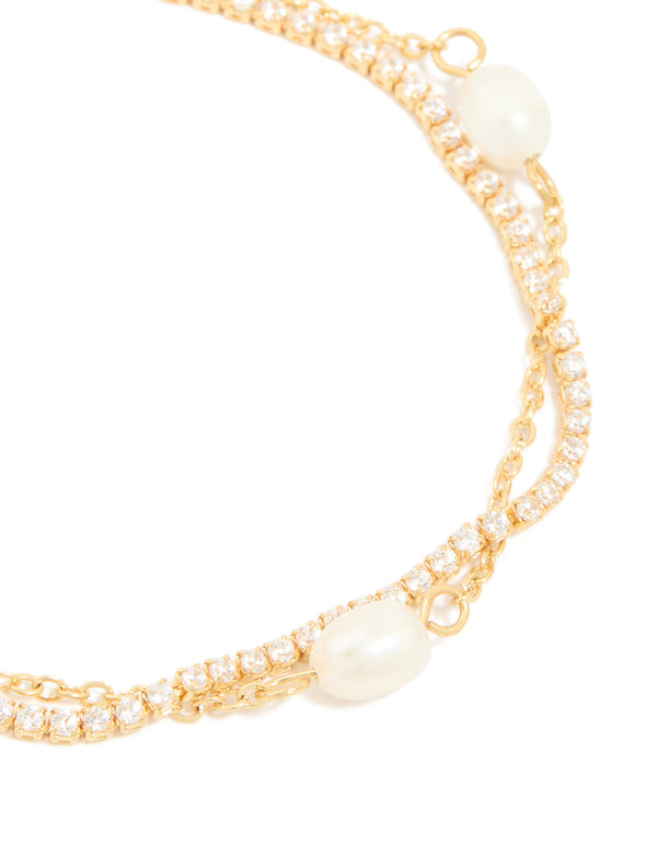 Gold Plated Cubic Zirconia & Freshwater Pearl Tennis Layered Bracelet