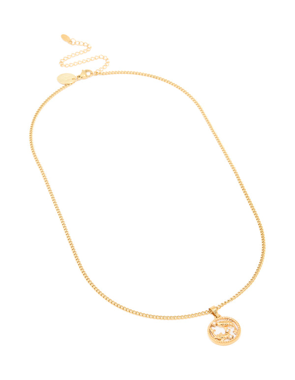 Designed with waterproof gold plated stainless steel, this Pisces circle zodiac sign necklace features star sign elements front view
