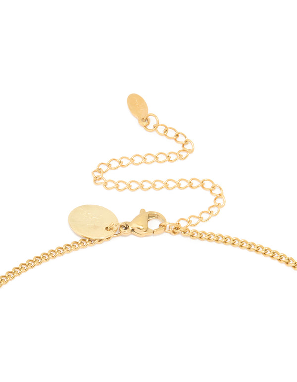 Highlighting the waterproof gold plated stainless steel Pisces circle zodiac sign necklace with adjustable clasp detail view