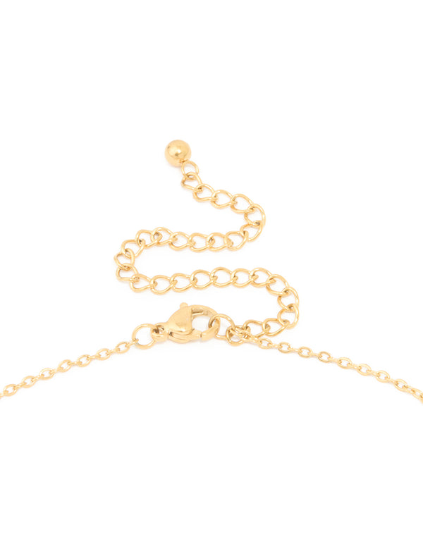 Crafted from waterproof gold plated stainless steel mini bubble letter E pendant initial necklace in dainty style clasp detail view