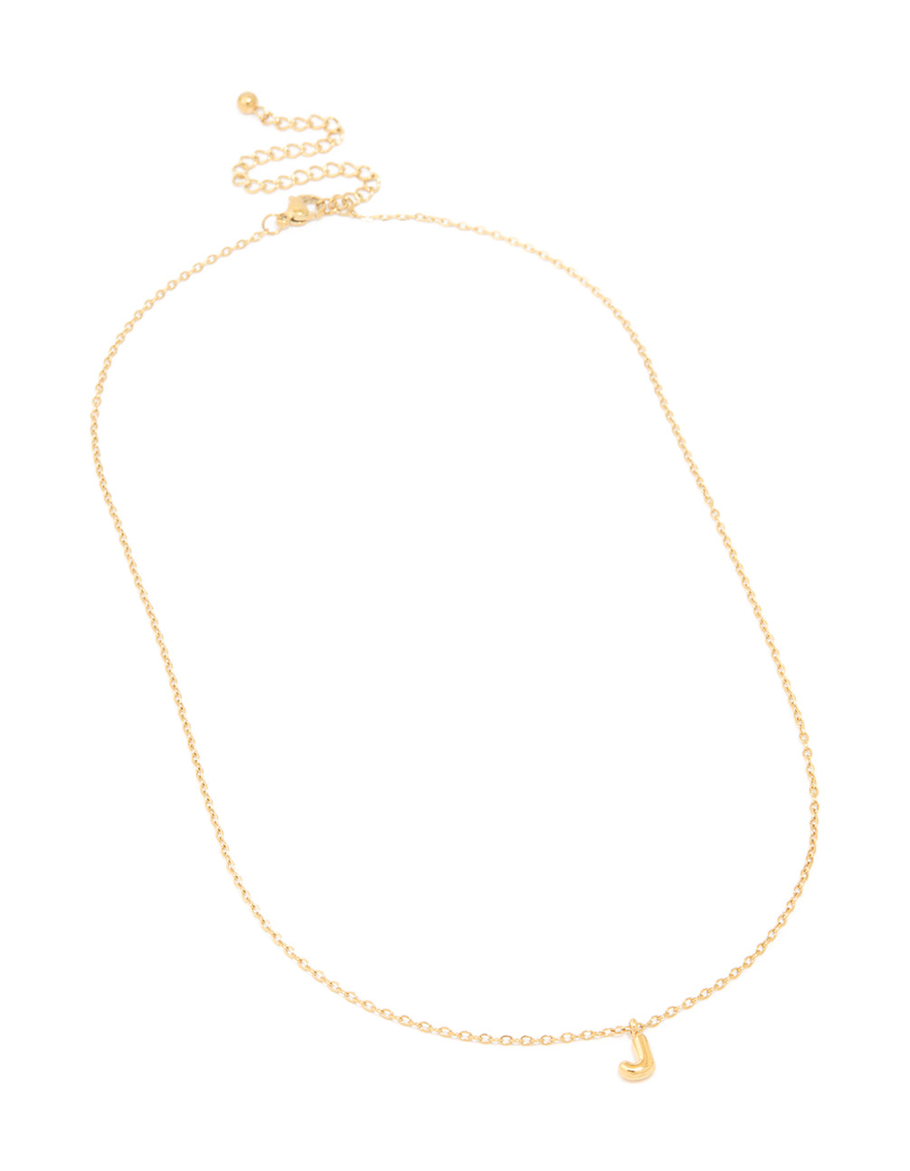 Presenting a waterproof mini bubble letter J necklace made from gold plated stainless steel in a dainty design close up view