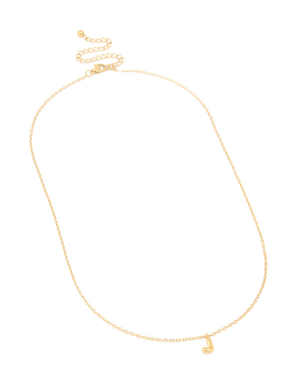 Presenting a waterproof mini bubble letter J necklace made from gold plated stainless steel in a dainty design close up view