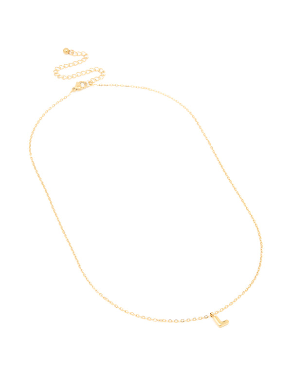 Crafted from waterproof stainless steel, this gold plated bubble letter L initial pendant necklace in dainty style close up view