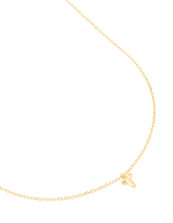 Elegant waterproof mini bubble initial T pendant necklace crafted from gold plated stainless steel in a dainty style front view