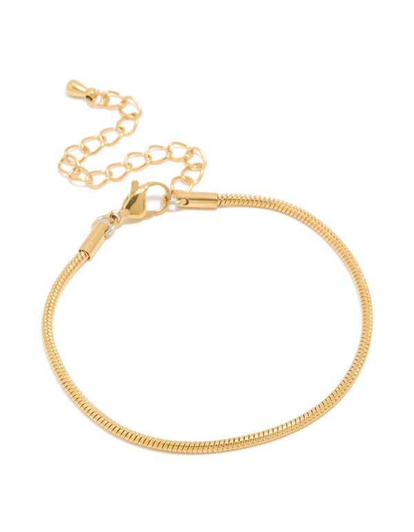 Featuring a waterproof snake chain bracelet in gold plated stainless steel with dainty design front view