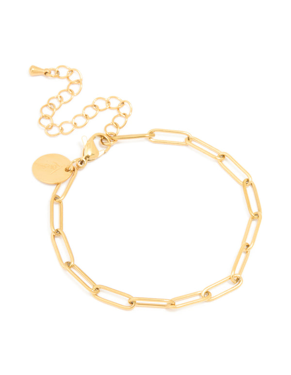 Crafted from waterproof gold plated stainless steel, this open oval link chain bracelet front view