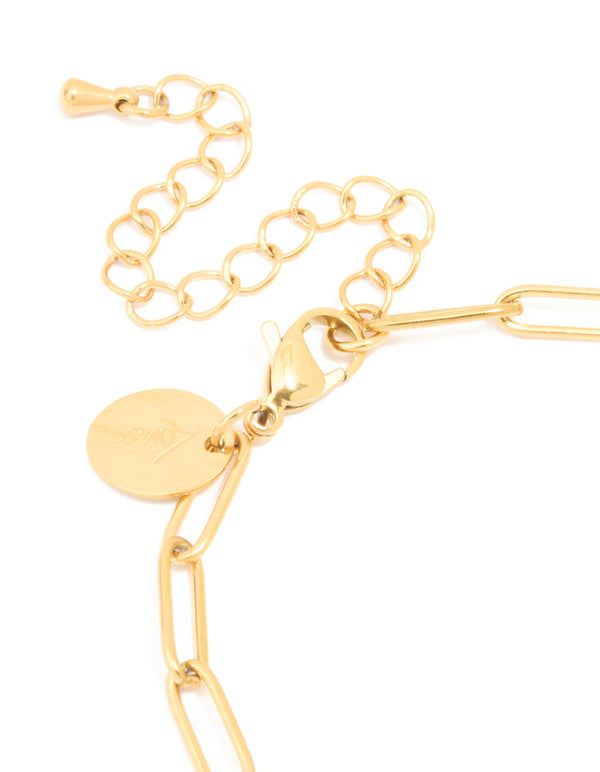 Featuring a waterproof gold plated stainless steel open oval link chain bracelet closure detail view