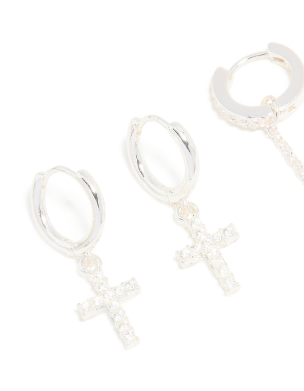 Silver Cubic Zirconia Cross & Chain Earrings 2-Pack