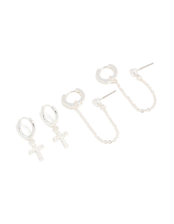 Silver Cubic Zirconia Cross & Chain Earrings 2-Pack
