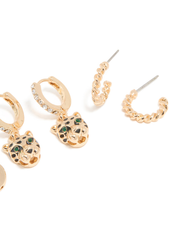 Gold Emerald Cubic Zirconia Panther & Huggie Earrings 4-Pack