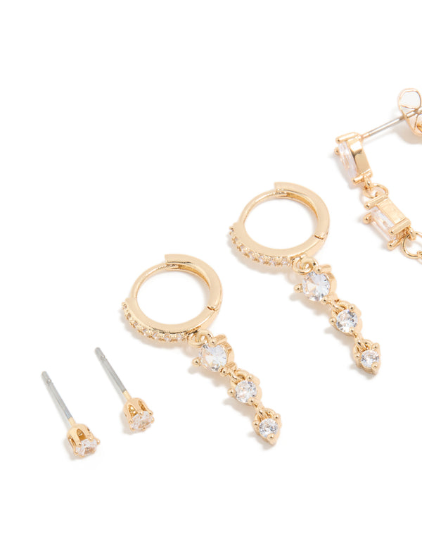 Gold Plated Cubic Zirconia Lovely Chain & Stud Earrings 4-Pack