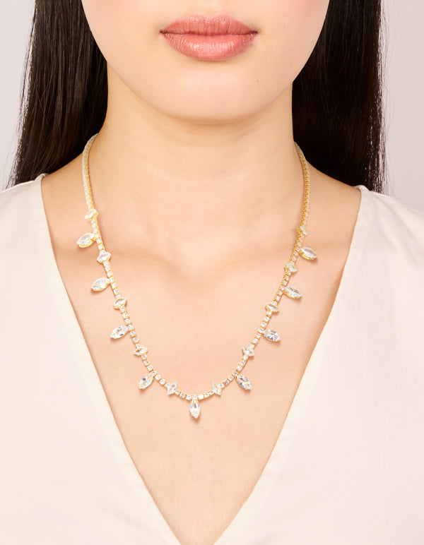 Gold Plated Cubic Zirconia Large Marquise Droplets Necklace