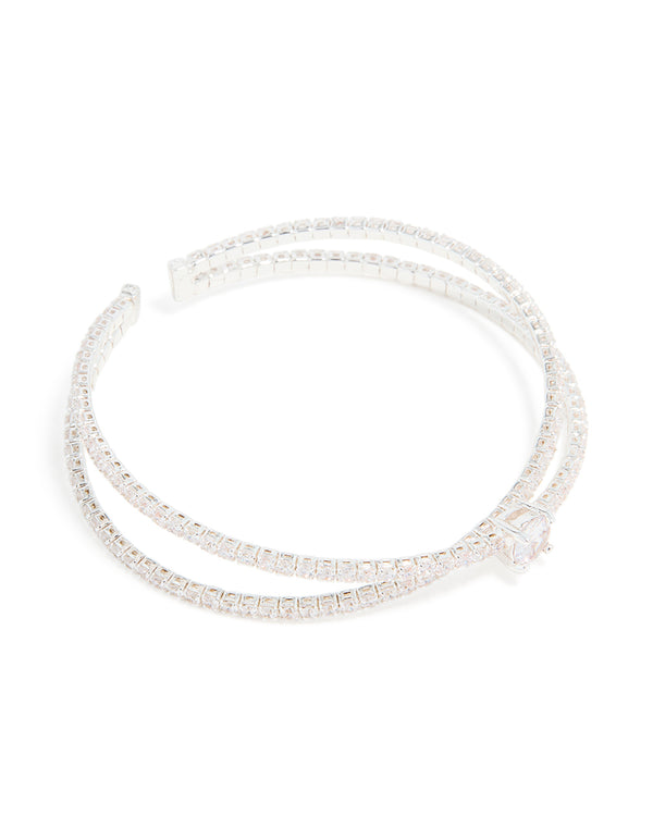 Silver Plated Cubic Zirconia Intersecting Wrist Cuff
