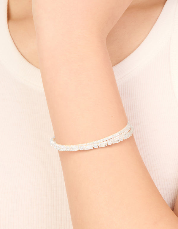 Silver Plated Cubic Zirconia Rectangle Layered Wrist Cuff