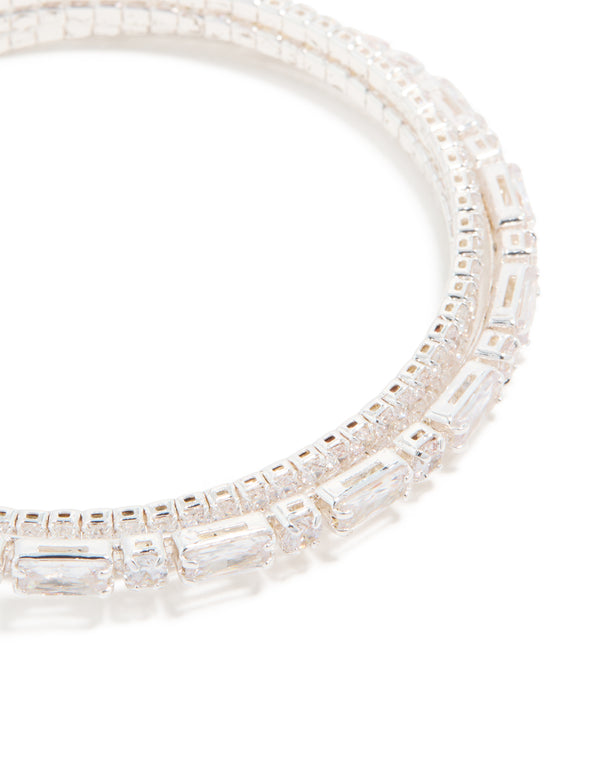 Silver Plated Cubic Zirconia Rectangle Layered Wrist Cuff