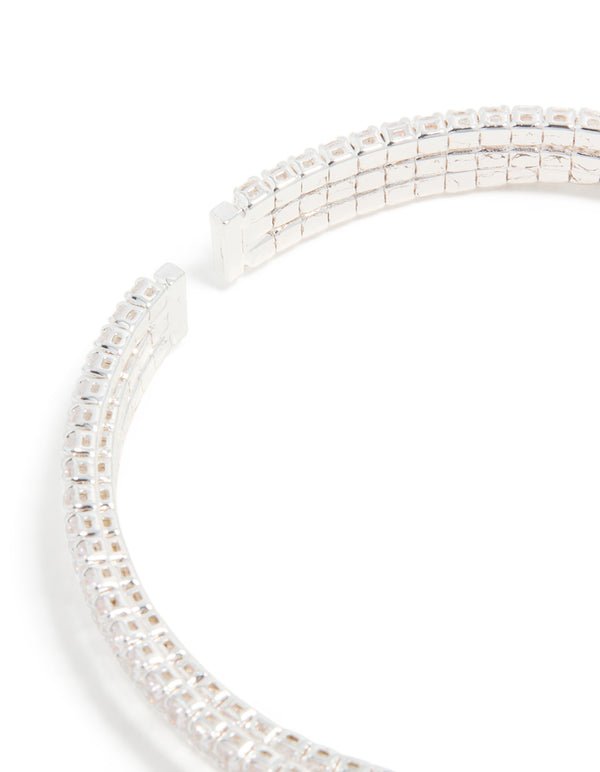 Silver Plated Cubic Zirconia Rectangle Layered Wrist Cuff