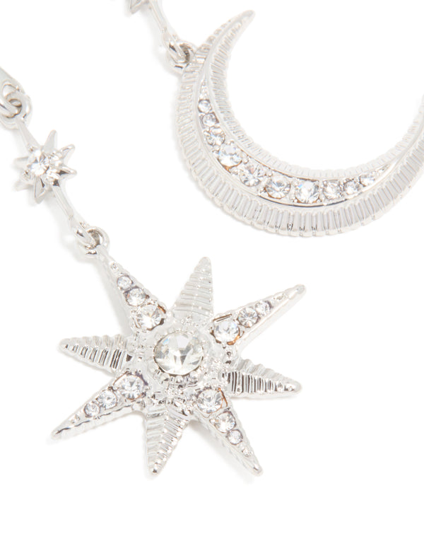 Silver Diamante Sun & Moon Drop Earrings