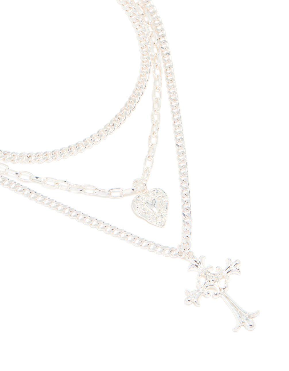Silver Chain Heart & Gothic Cross Layered Necklace