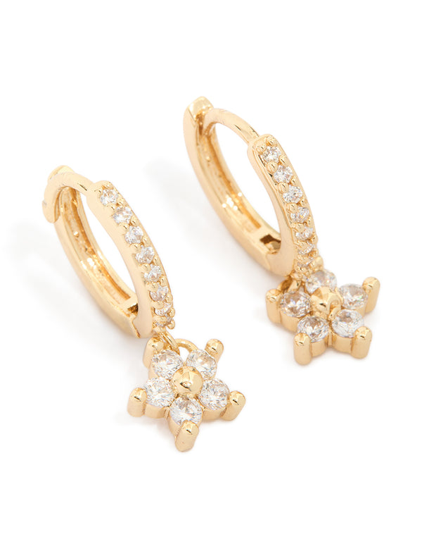 These gold plated cubic zirconia flower pendant huggie earrings with huggie closure front view