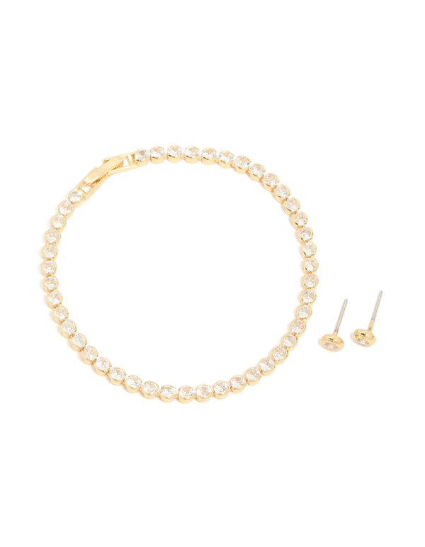 Gold Plated Cubic Zirconia Tennis Bracelet & Earrings Set
