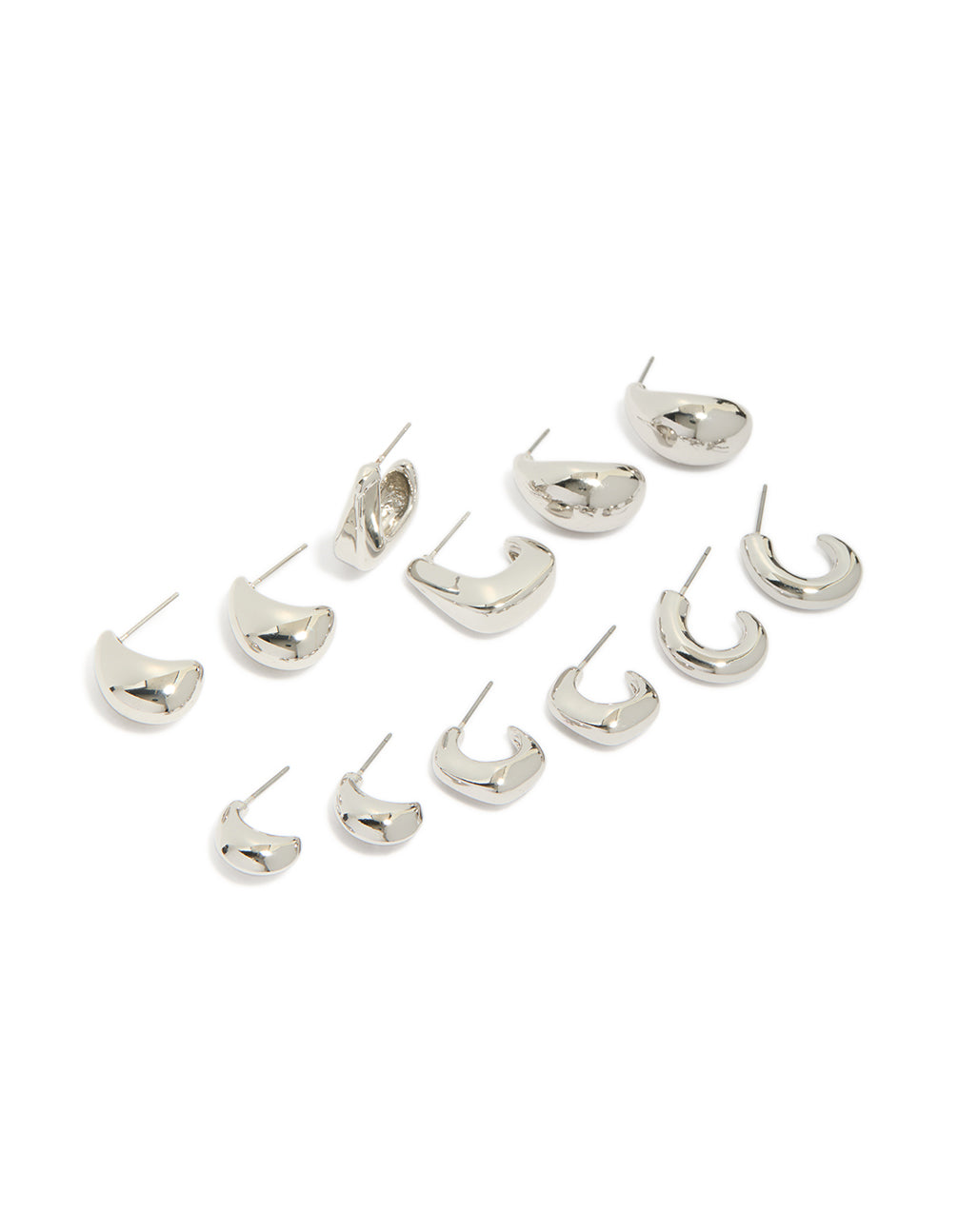 Silver minimal hoop earrings 6-pack arranged in a display front view
