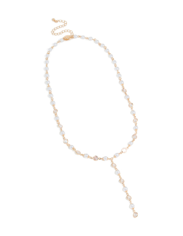 This cubic zirconia and pearl chain Y-necklace in gold front view
