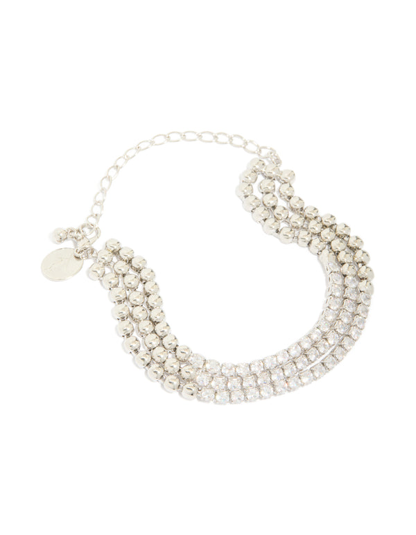 Beautifully designed silver cubic zirconia half cup chain layered bracelet front view